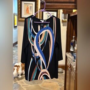 Chico's Black Blouse with Blue, Tan and Green Accents